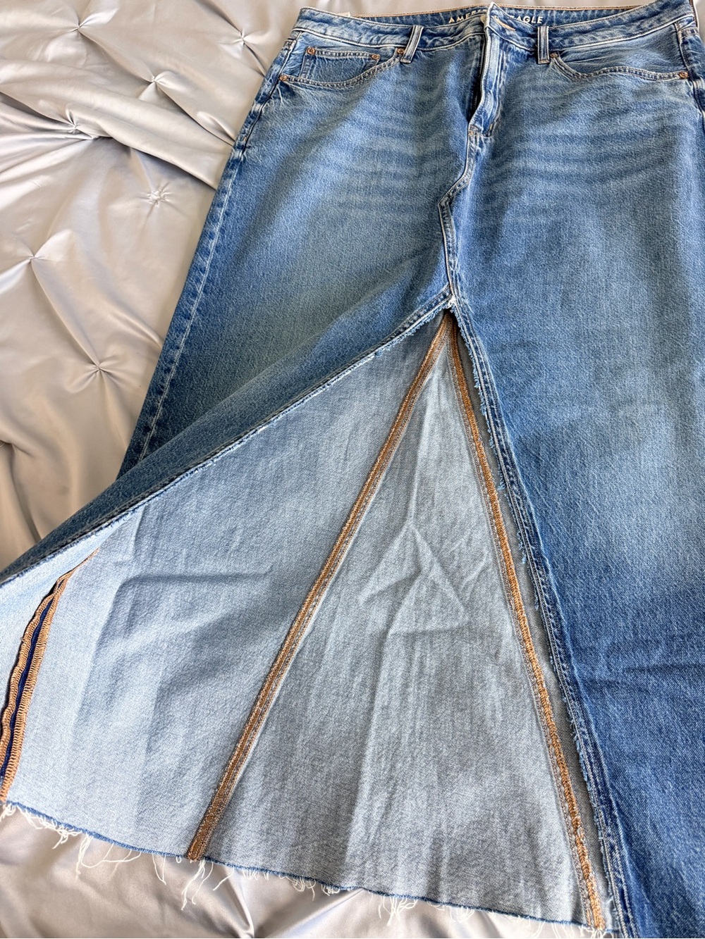 American Eagle Outfitters Asymmetrical Denim Skirt in Light and Dark Blue - Picture 4 of 5